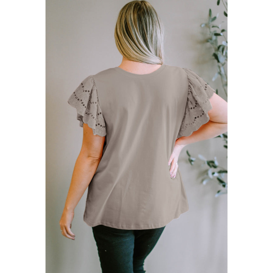 Plus Size Eyelet Round Neck Short Sleeve Blouse Apparel and Accessories