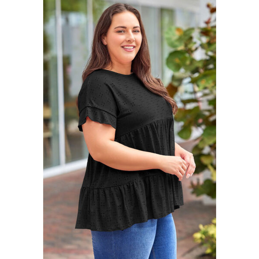 Plus Size Eyelet Round Neck Short Sleeve Blouse Black / 1XL Apparel and Accessories