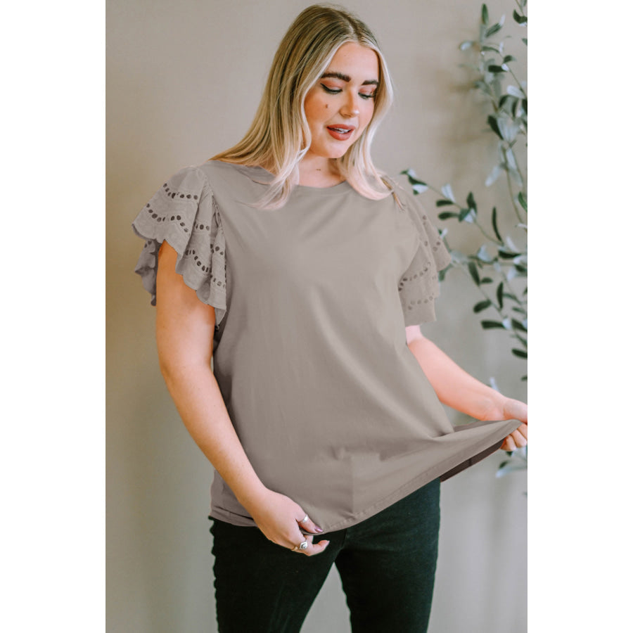 Plus Size Eyelet Round Neck Short Sleeve Blouse Dust Storm / 1XL Apparel and Accessories