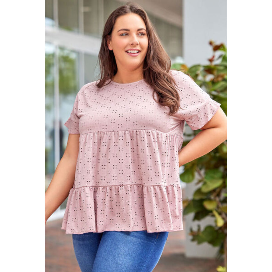 Plus Size Eyelet Round Neck Short Sleeve Blouse Dusty Pink / 1XL Apparel and Accessories