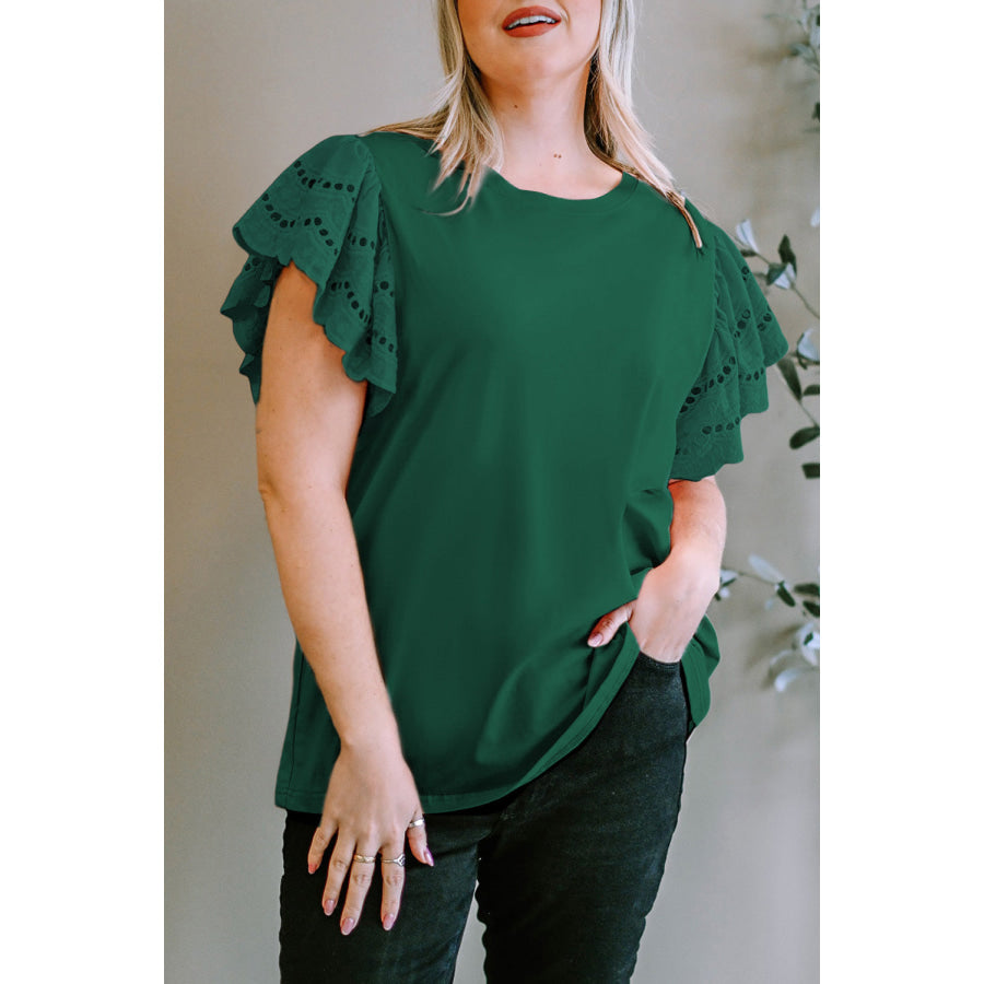 Plus Size Eyelet Round Neck Short Sleeve Blouse Green / 1XL Apparel and Accessories