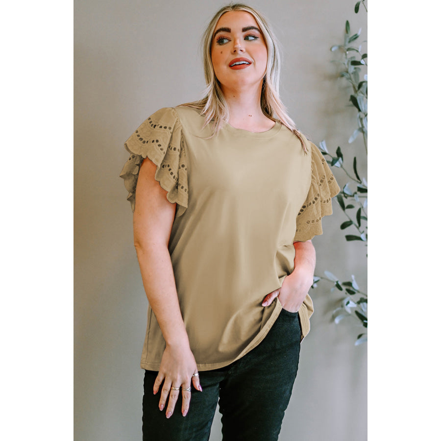 Plus Size Eyelet Round Neck Short Sleeve Blouse Khaki / 1XL Apparel and Accessories