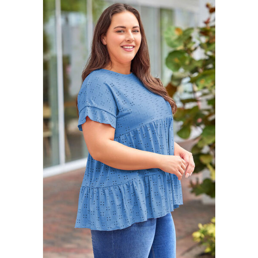 Plus Size Eyelet Round Neck Short Sleeve Blouse Peacock Blue / 1XL Apparel and Accessories