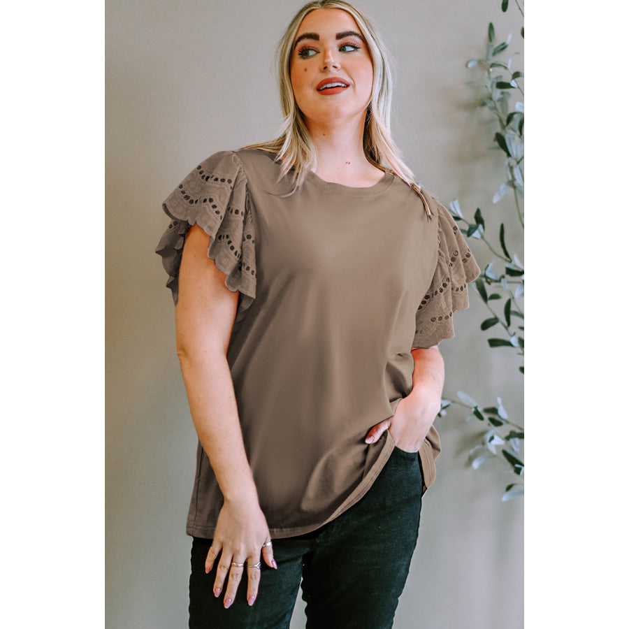 Plus Size Eyelet Round Neck Short Sleeve Blouse Taupe / 1XL Apparel and Accessories