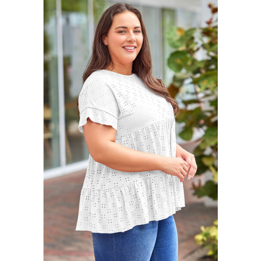 Plus Size Eyelet Round Neck Short Sleeve Blouse White / 1XL Apparel and Accessories