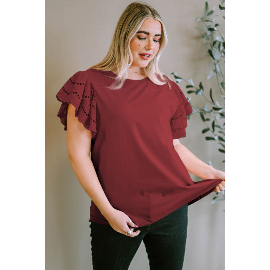 Plus Size Eyelet Round Neck Short Sleeve Blouse Wine / 1XL Apparel and Accessories