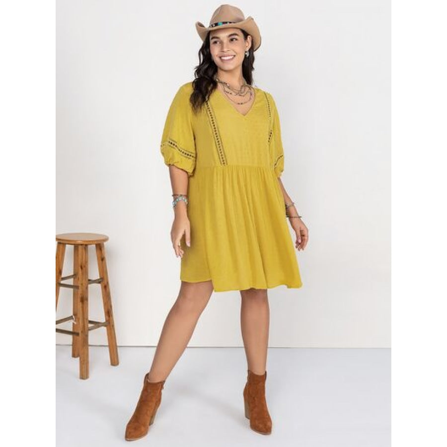 Plus Size Eyelet Swiss Dot Half Sleeve Mini Dress Clothing