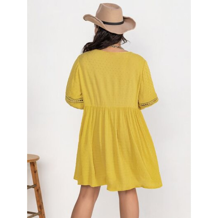 Plus Size Eyelet Swiss Dot Half Sleeve Mini Dress True Yellow / 0XL Clothing