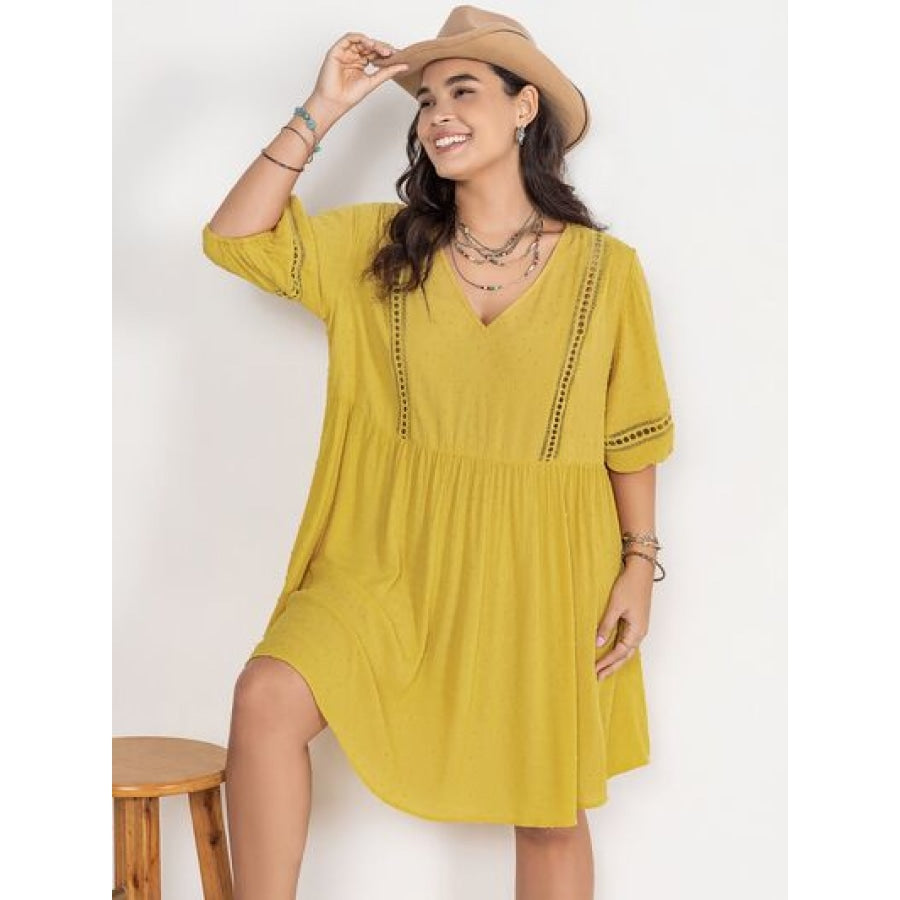 Plus Size Eyelet Swiss Dot Half Sleeve Mini Dress True Yellow / 0XL Clothing