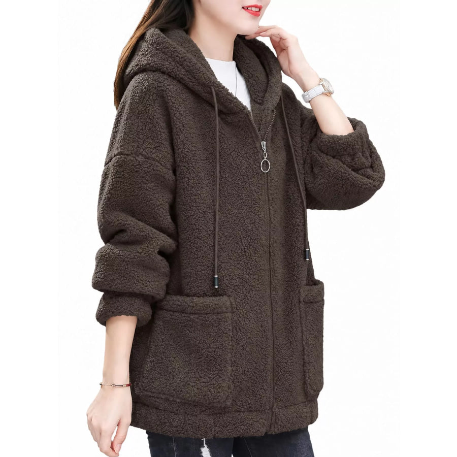 Plus Size Fleece Zip-Up Hoodie with Pockets Apparel and Accessories