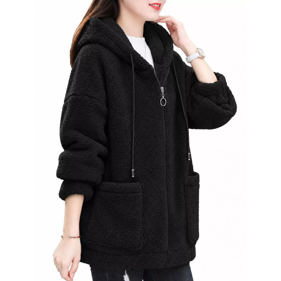 Plus Size Fleece Zip-Up Hoodie with Pockets Apparel and Accessories