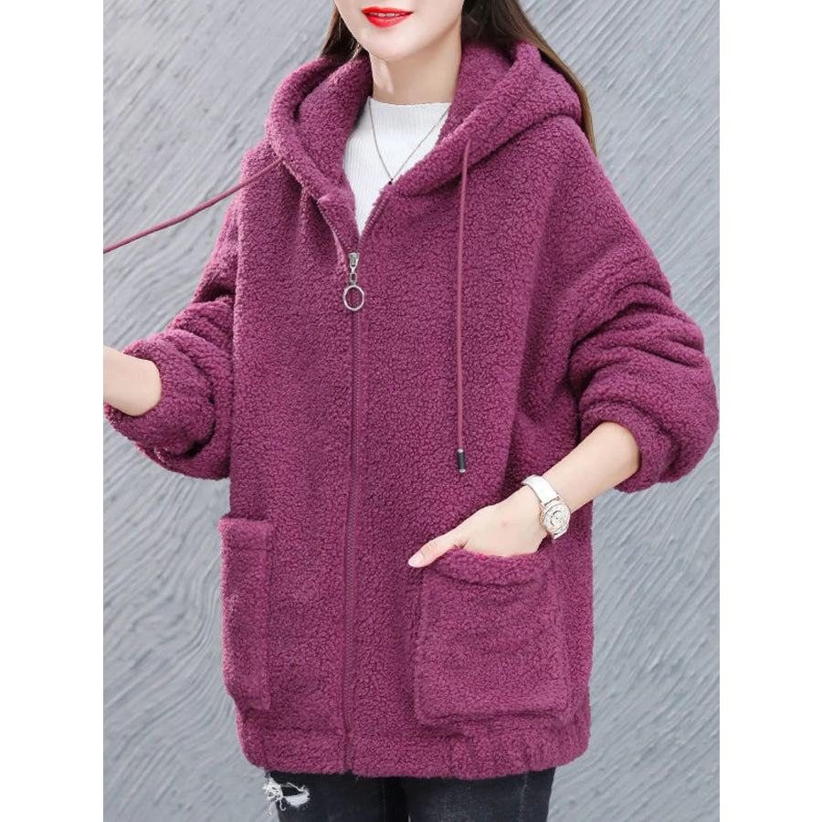 Plus Size Fleece Zip-Up Hoodie with Pockets Rose Red / M Apparel and Accessories