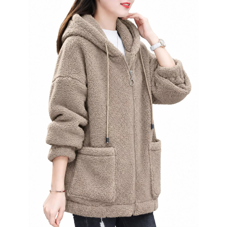 Plus Size Fleece Zip-Up Hoodie with Pockets Apparel and Accessories