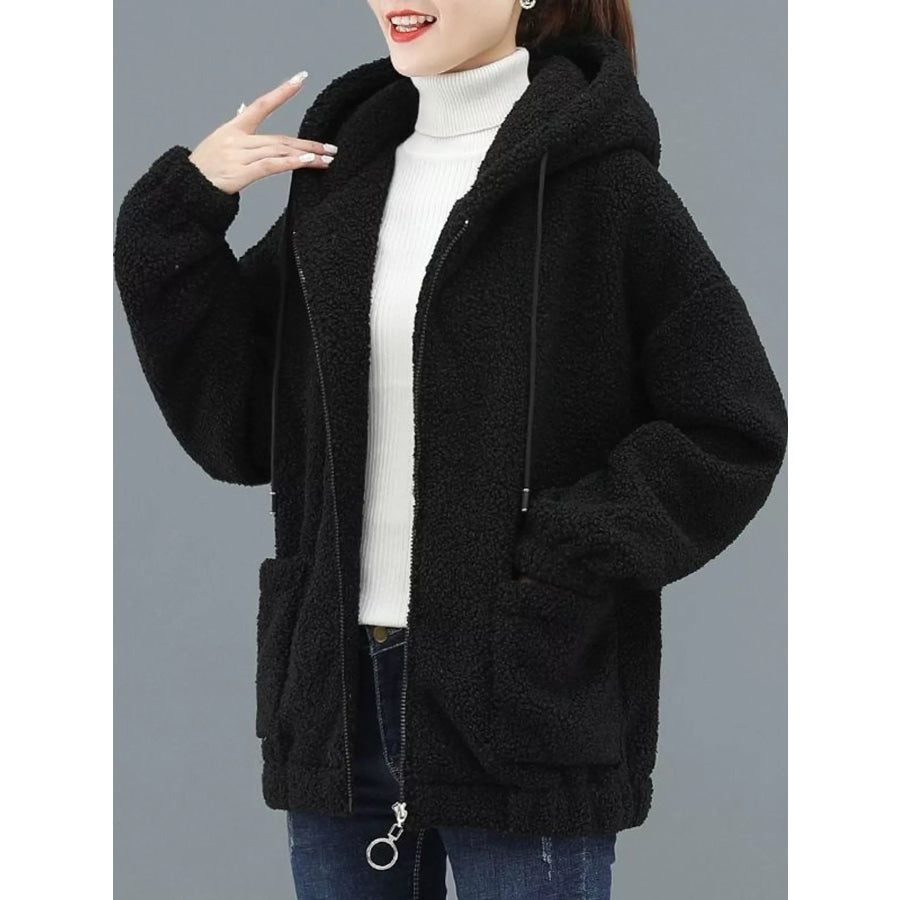 Plus Size Fleece Zip-Up Hoodie with Pockets Black / M Apparel and Accessories