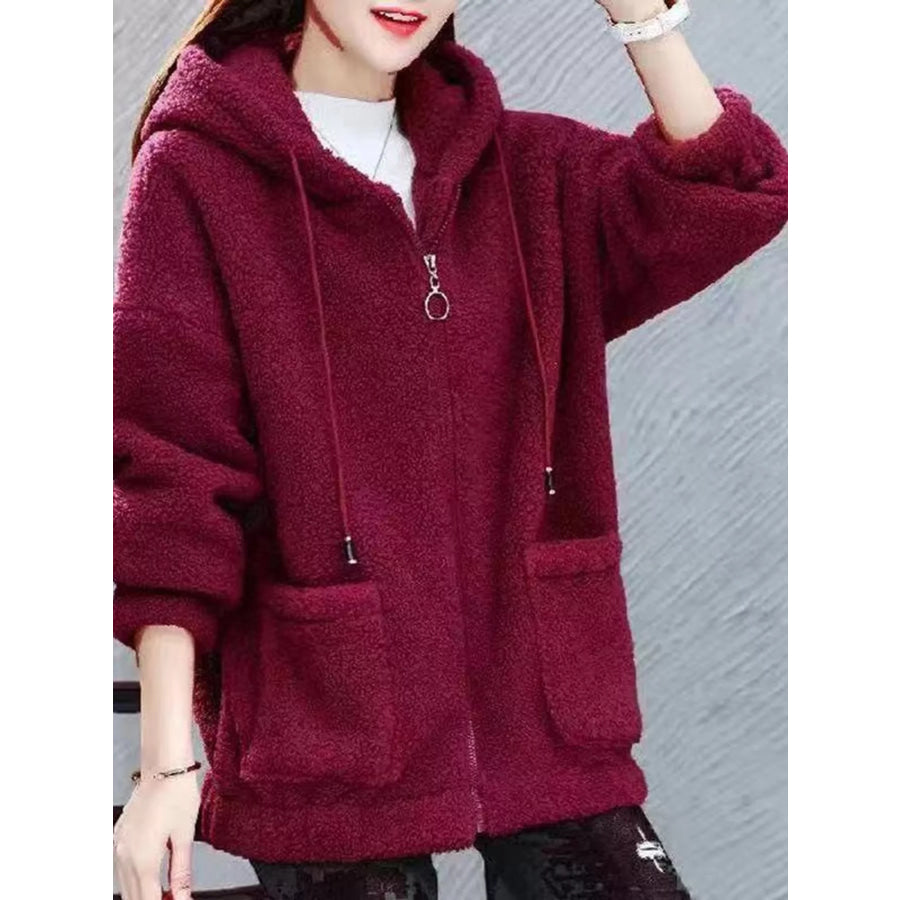 Plus Size Fleece Zip-Up Hoodie with Pockets Burgundy / M Apparel and Accessories