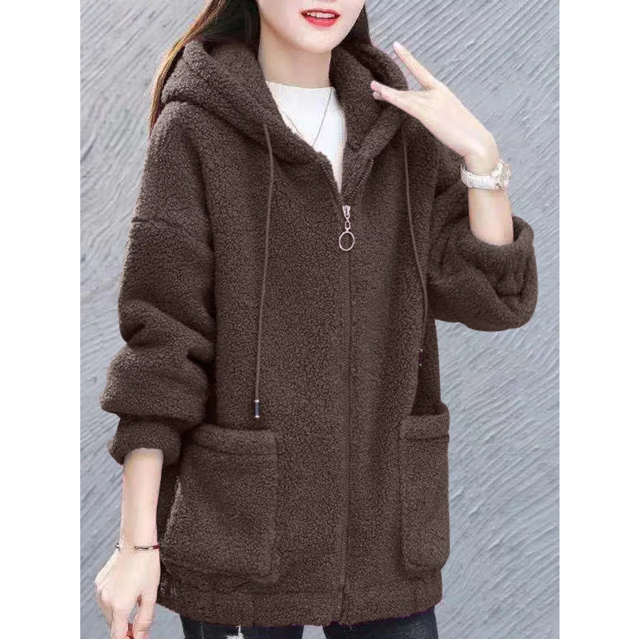 Plus Size Fleece Zip-Up Hoodie with Pockets Coffee / M Apparel and Accessories