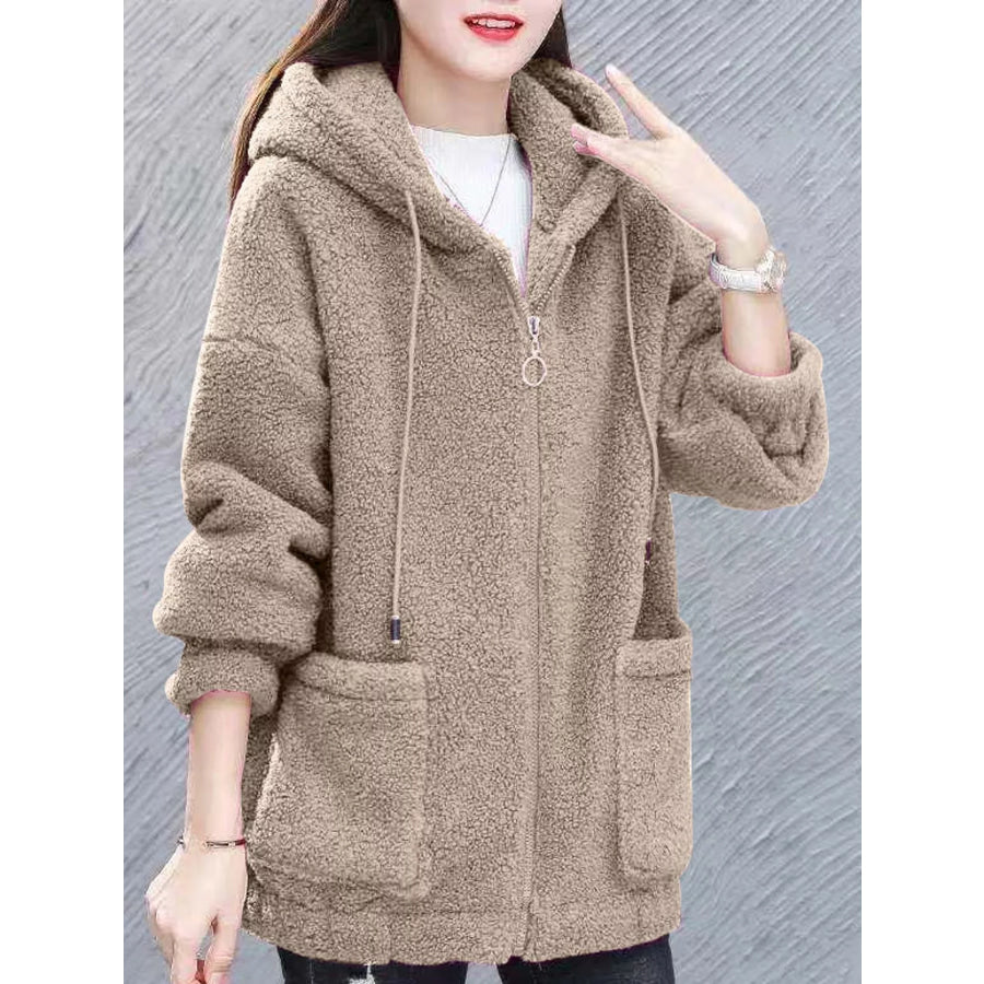 Plus Size Fleece Zip-Up Hoodie with Pockets Khaki / M Apparel and Accessories