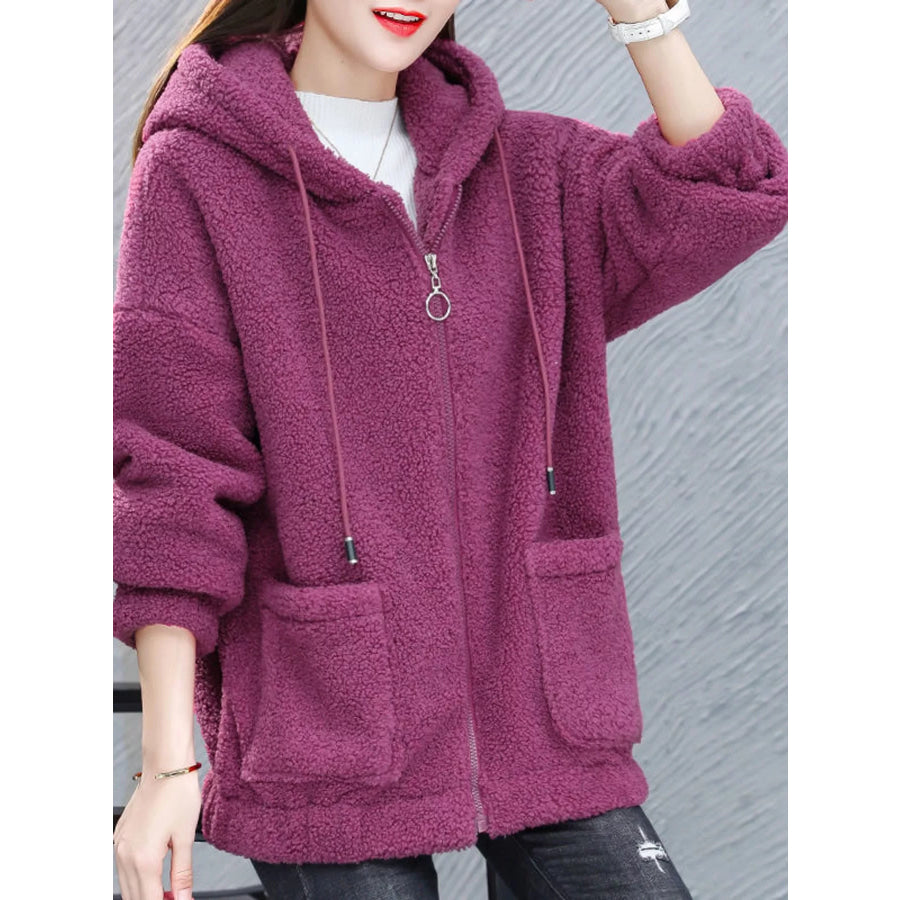 Plus Size Fleece Zip-Up Hoodie with Pockets Rose Red / M Apparel and Accessories