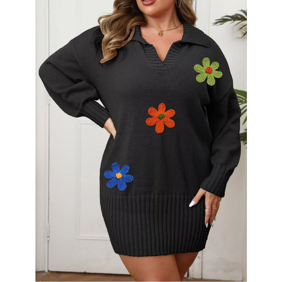 Plus Size Floral Applique Ribbed Hem Sweater Dress Apparel and Accessories