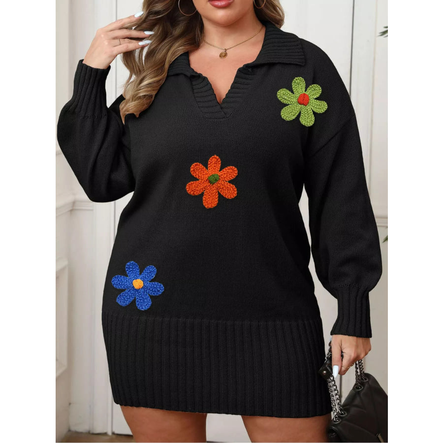 Plus Size Floral Applique Ribbed Hem Sweater Dress Apparel and Accessories