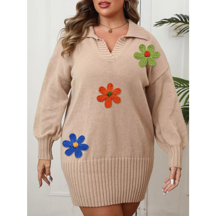 Plus Size Floral Applique Ribbed Hem Sweater Dress Apparel and Accessories