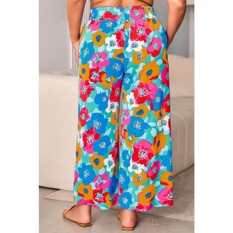 Plus Size Floral Drawstring Wide Leg Pants with Pockets Clothing