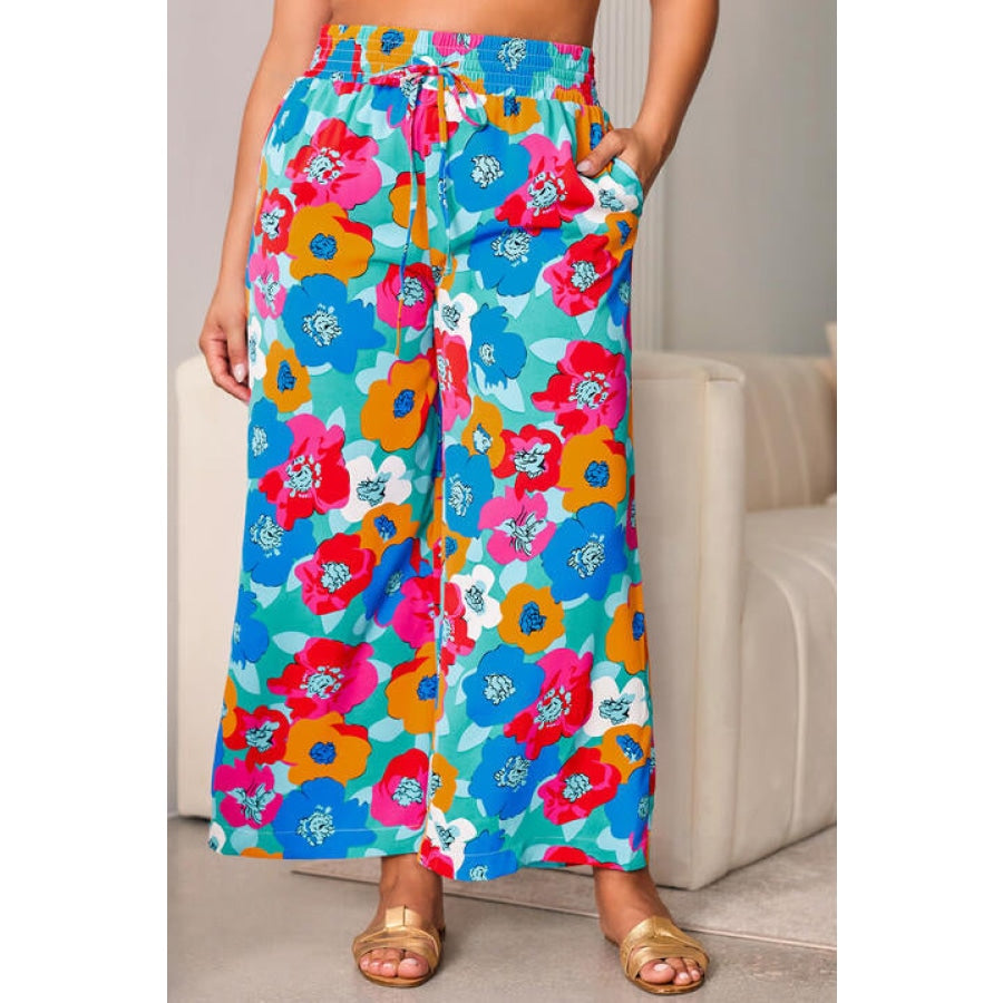 Plus Size Floral Drawstring Wide Leg Pants with Pockets Clothing