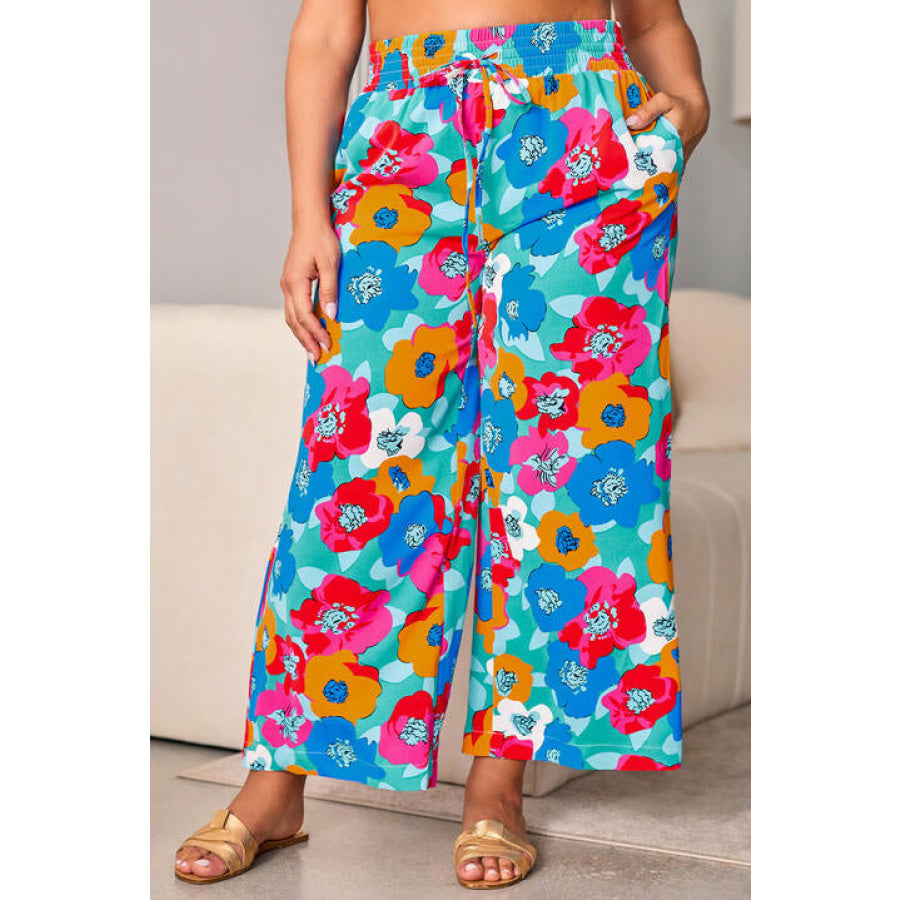 Plus Size Floral Drawstring Wide Leg Pants with Pockets Multicolor / 1XL Clothing