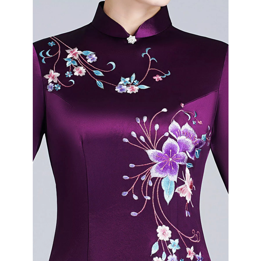 Plus Size Floral Embroidered Cheongsam Slim-Fit Dress Apparel and Accessories
