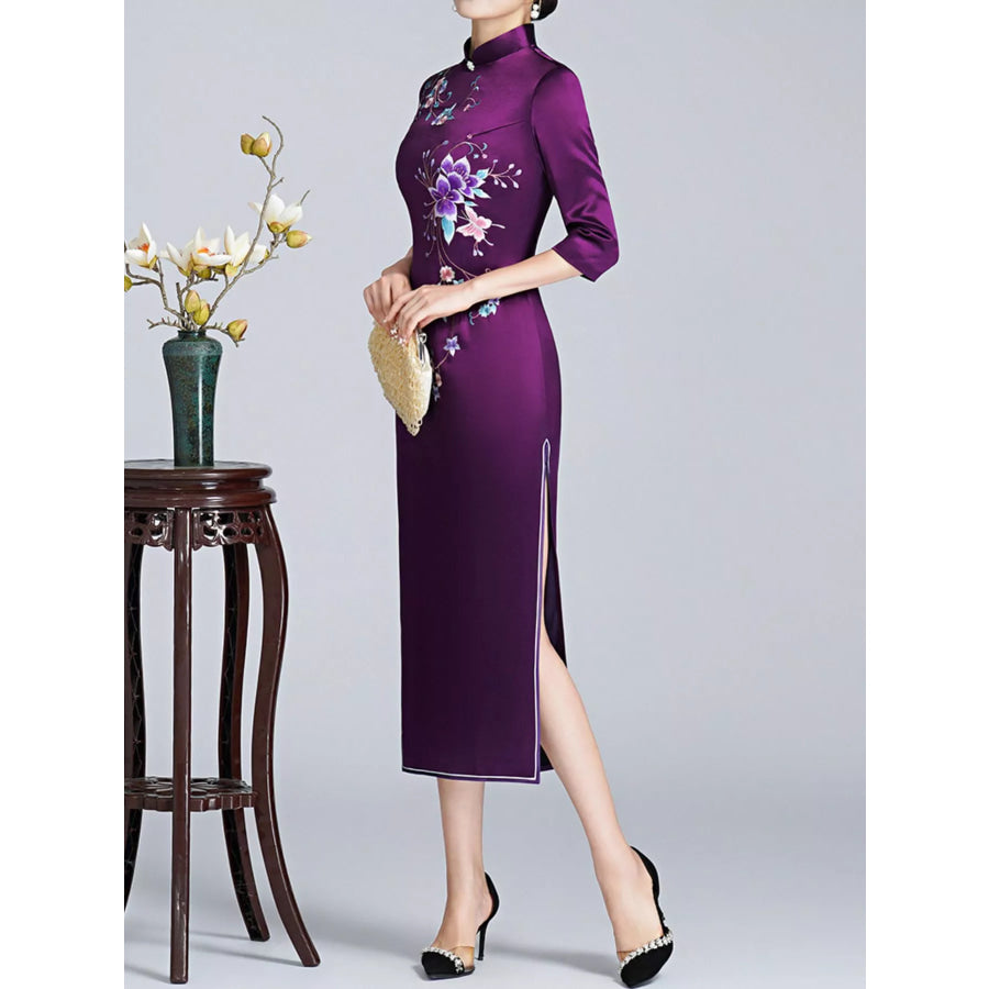 Plus Size Floral Embroidered Cheongsam Slim-Fit Dress Apparel and Accessories