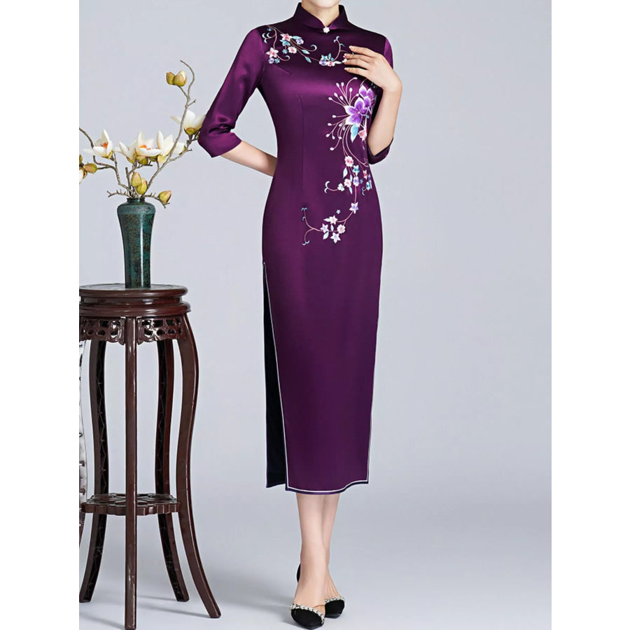 Plus Size Floral Embroidered Cheongsam Slim-Fit Dress Apparel and Accessories