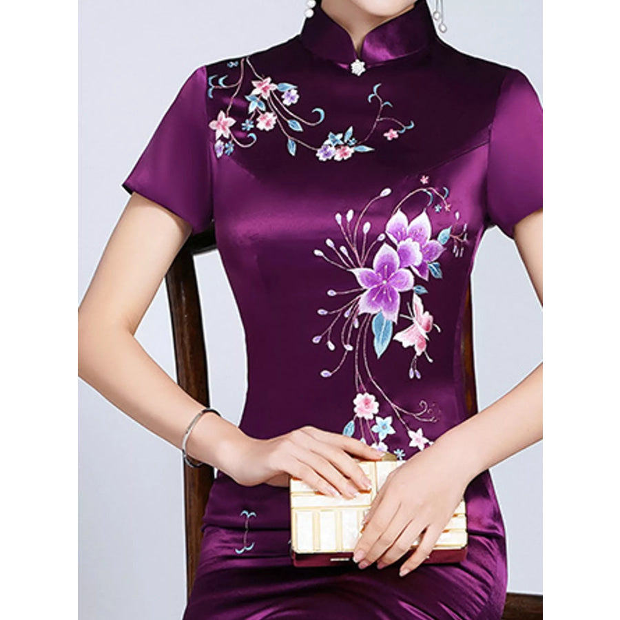 Plus Size Floral Embroidered Cheongsam Slim-Fit Dress Apparel and Accessories