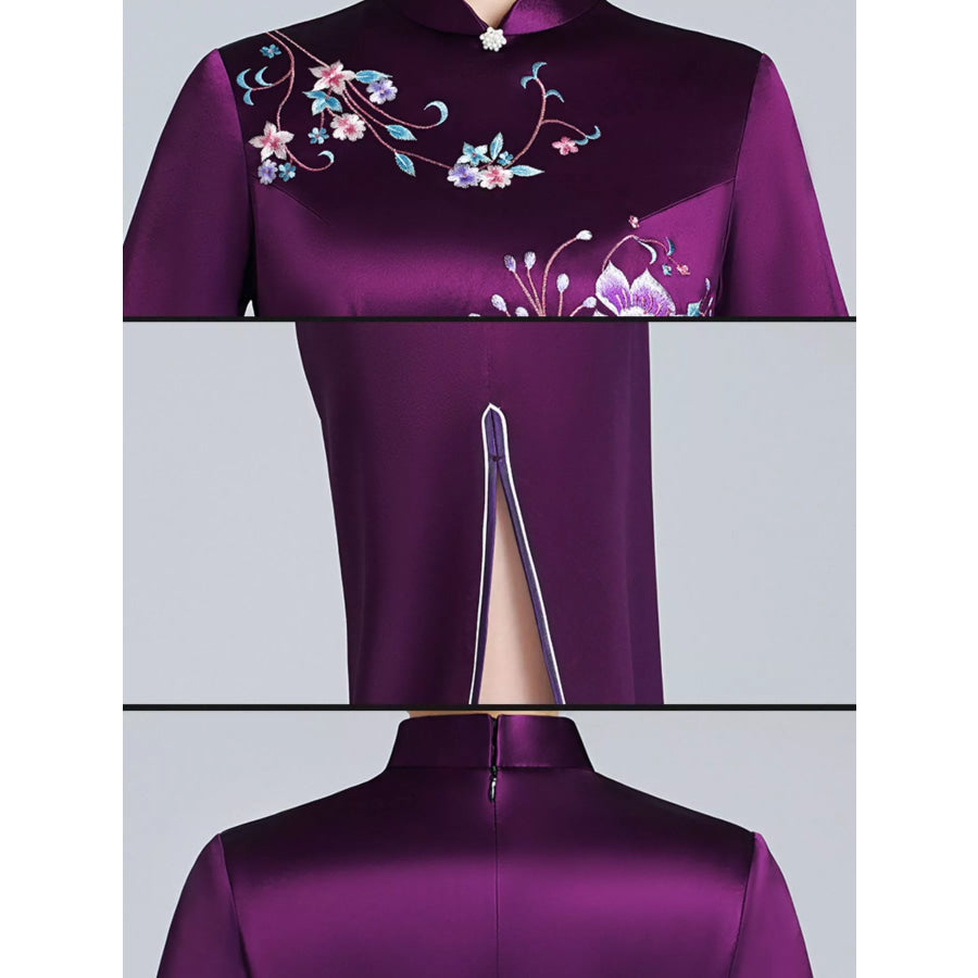 Plus Size Floral Embroidered Cheongsam Slim-Fit Dress Apparel and Accessories