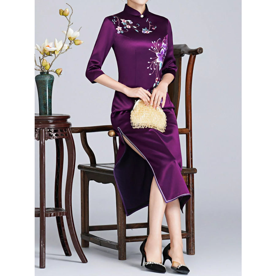 Plus Size Floral Embroidered Cheongsam Slim-Fit Dress Apparel and Accessories