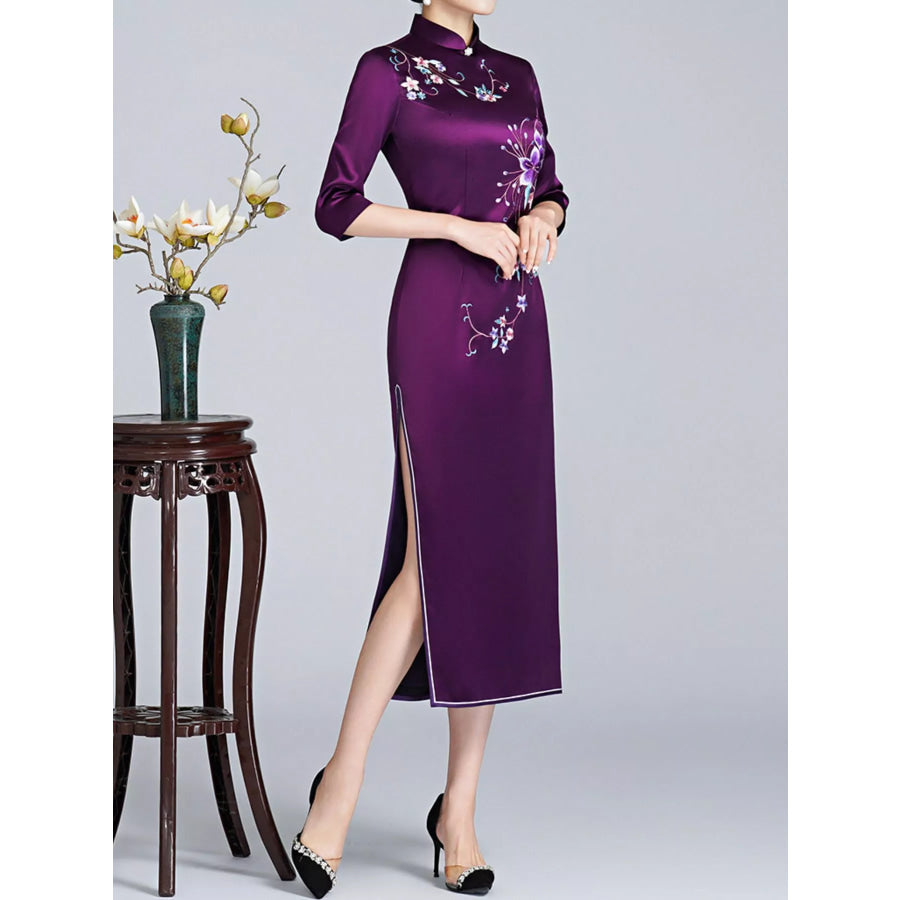 Plus Size Floral Embroidered Cheongsam Slim-Fit Dress Apparel and Accessories