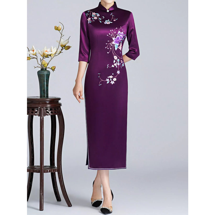 Plus Size Floral Embroidered Cheongsam Slim-Fit Dress Apparel and Accessories