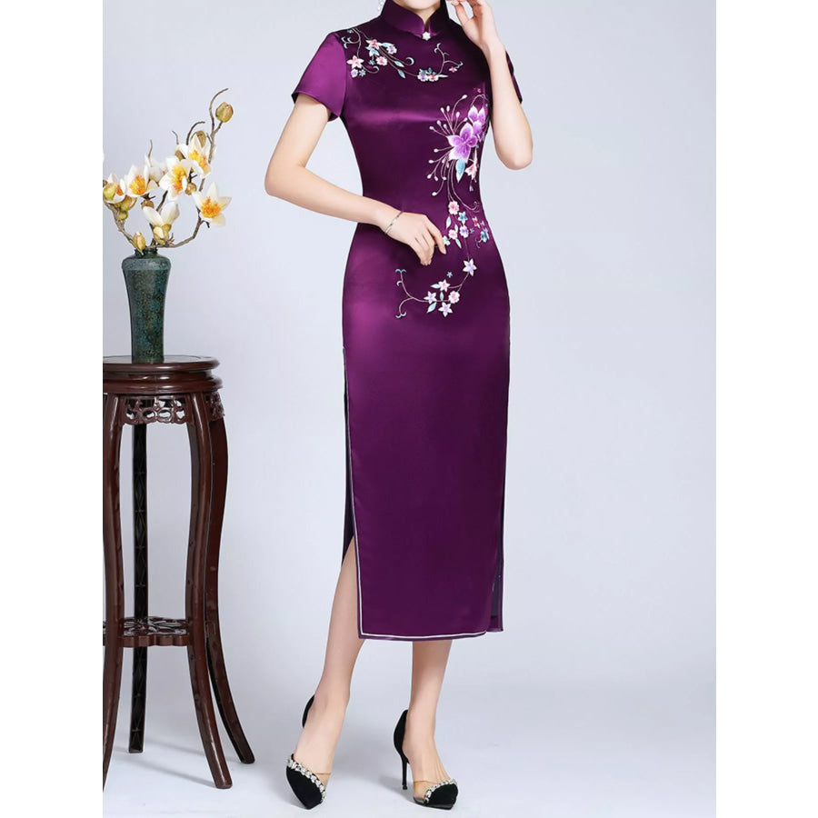 Plus Size Floral Embroidered Cheongsam Slim-Fit Dress Purple - Short Sleeve / M Apparel and Accessories