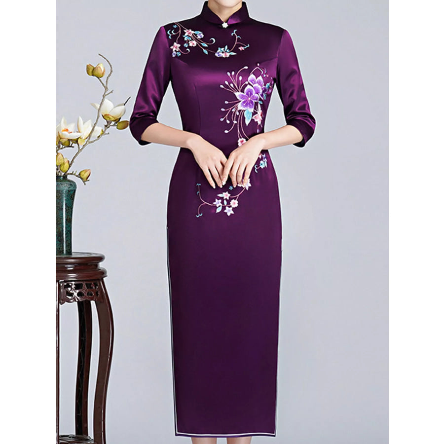 Plus Size Floral Embroidered Cheongsam Slim-Fit Dress Violet Blue / M Apparel and Accessories