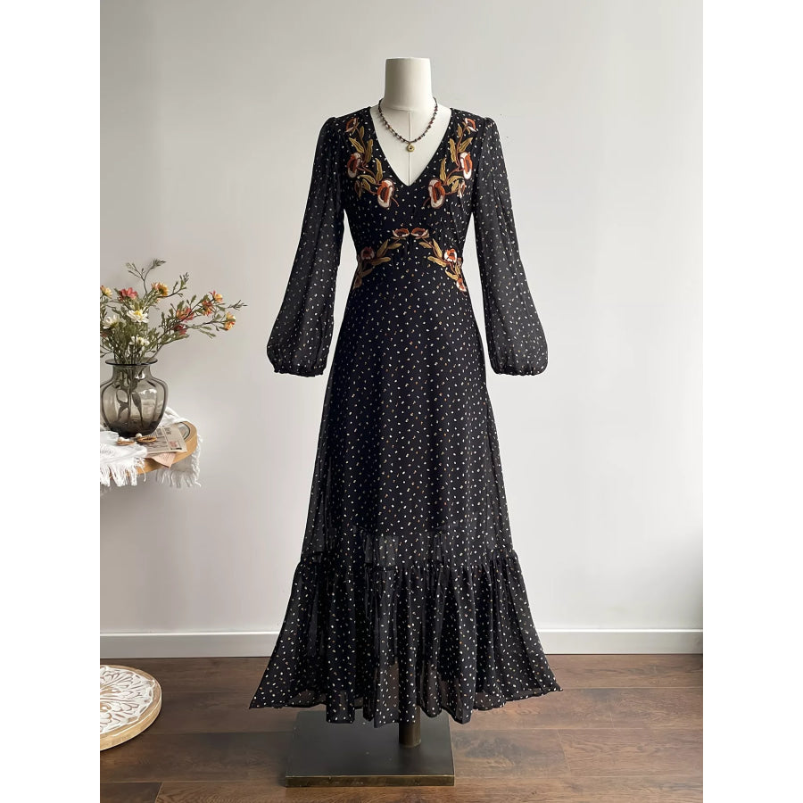 Plus Size Floral Embroidered Polka Dot Maxi Dress Apparel and Accessories