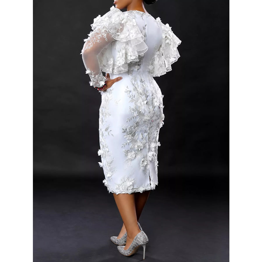 Plus Size Floral Embroidered Sheer Ruffle Sleeve Midi Dress Apparel and Accessories