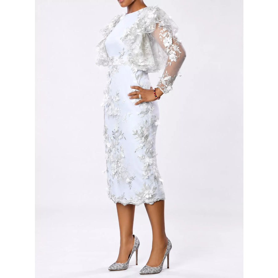 Plus Size Floral Embroidered Sheer Ruffle Sleeve Midi Dress Apparel and Accessories