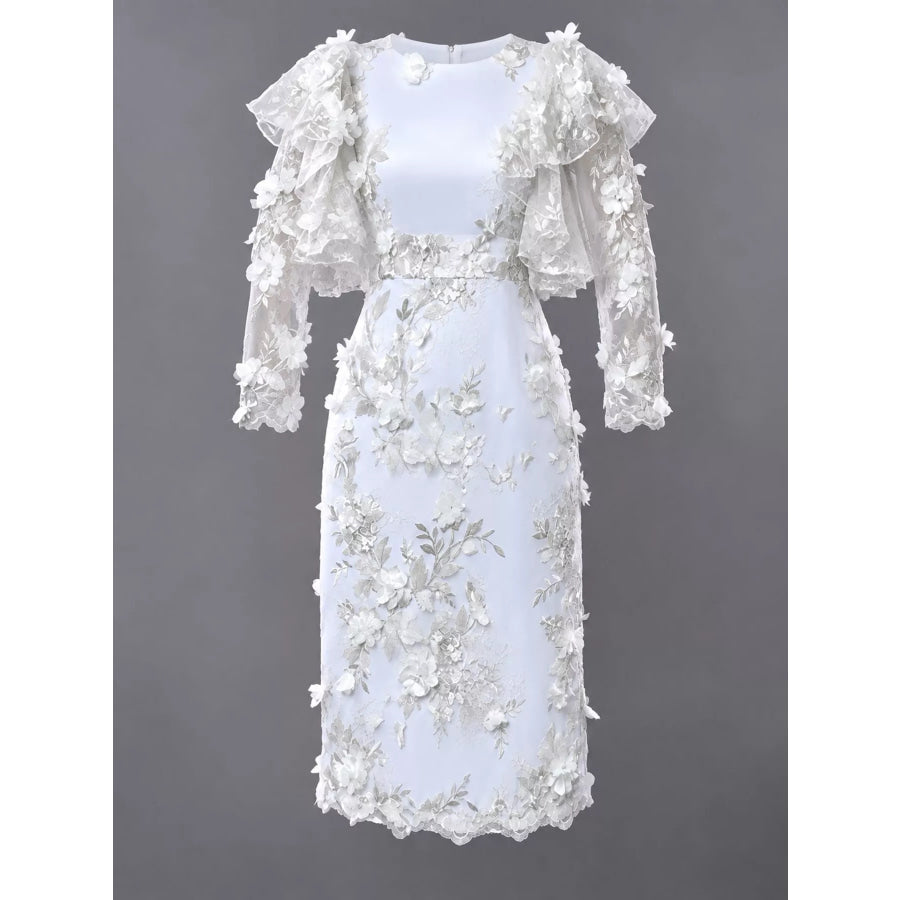Plus Size Floral Embroidered Sheer Ruffle Sleeve Midi Dress Apparel and Accessories