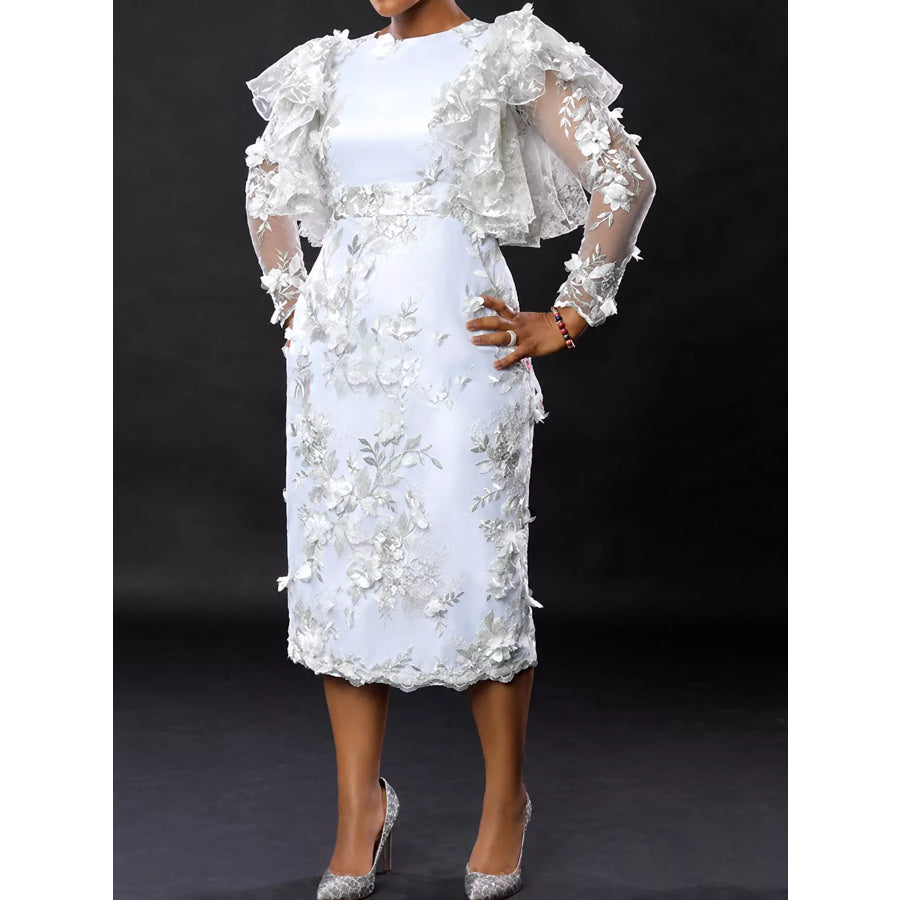Plus Size Floral Embroidered Sheer Ruffle Sleeve Midi Dress White / M Apparel and Accessories