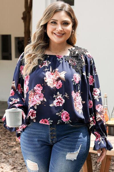 Plus Size Floral Flounce Sleeve Blouse Apparel and Accessories