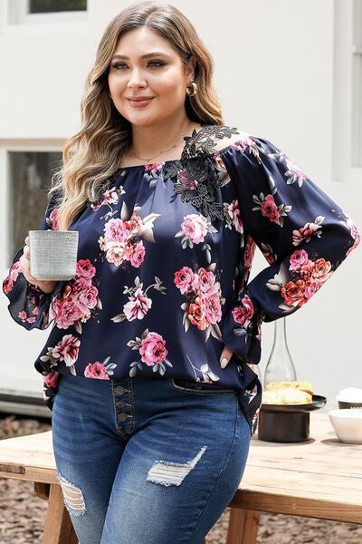 Plus Size Floral Flounce Sleeve Blouse Navy / 1XL Apparel and Accessories