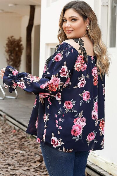 Plus Size Floral Flounce Sleeve Blouse Apparel and Accessories