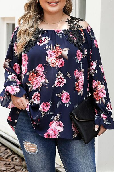 Plus Size Floral Flounce Sleeve Blouse Navy / 1XL Apparel and Accessories