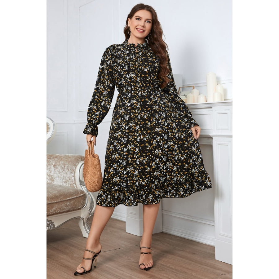 Plus Size Floral Flounce Sleeve Midi Dress Black / 1XL