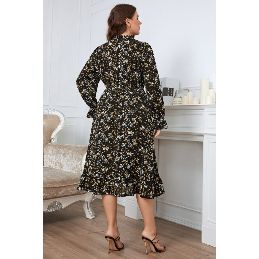 Plus Size Floral Flounce Sleeve Midi Dress