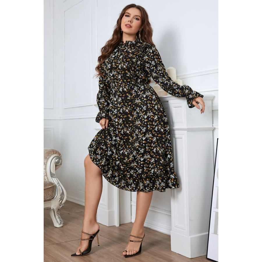 Plus Size Floral Flounce Sleeve Midi Dress